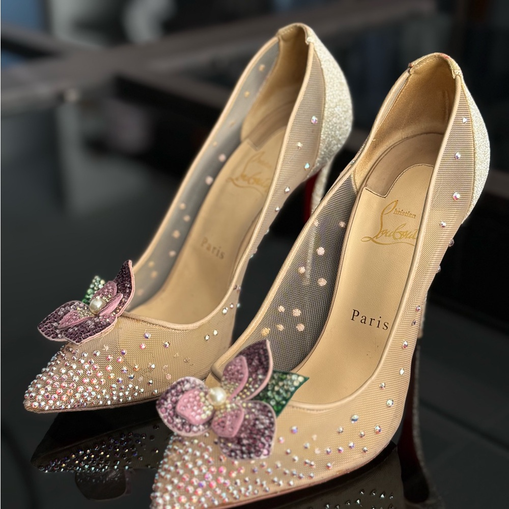Christian Louboutin Beige and Pink Embellished Heels.